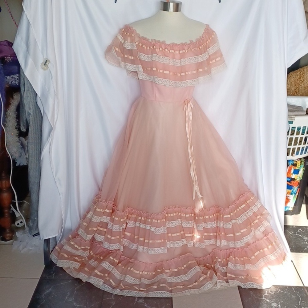 Vtg 70s Dance Allure Off The Shoulder Maxi Dress S Lace Pink Ruffles, Bows Fairy